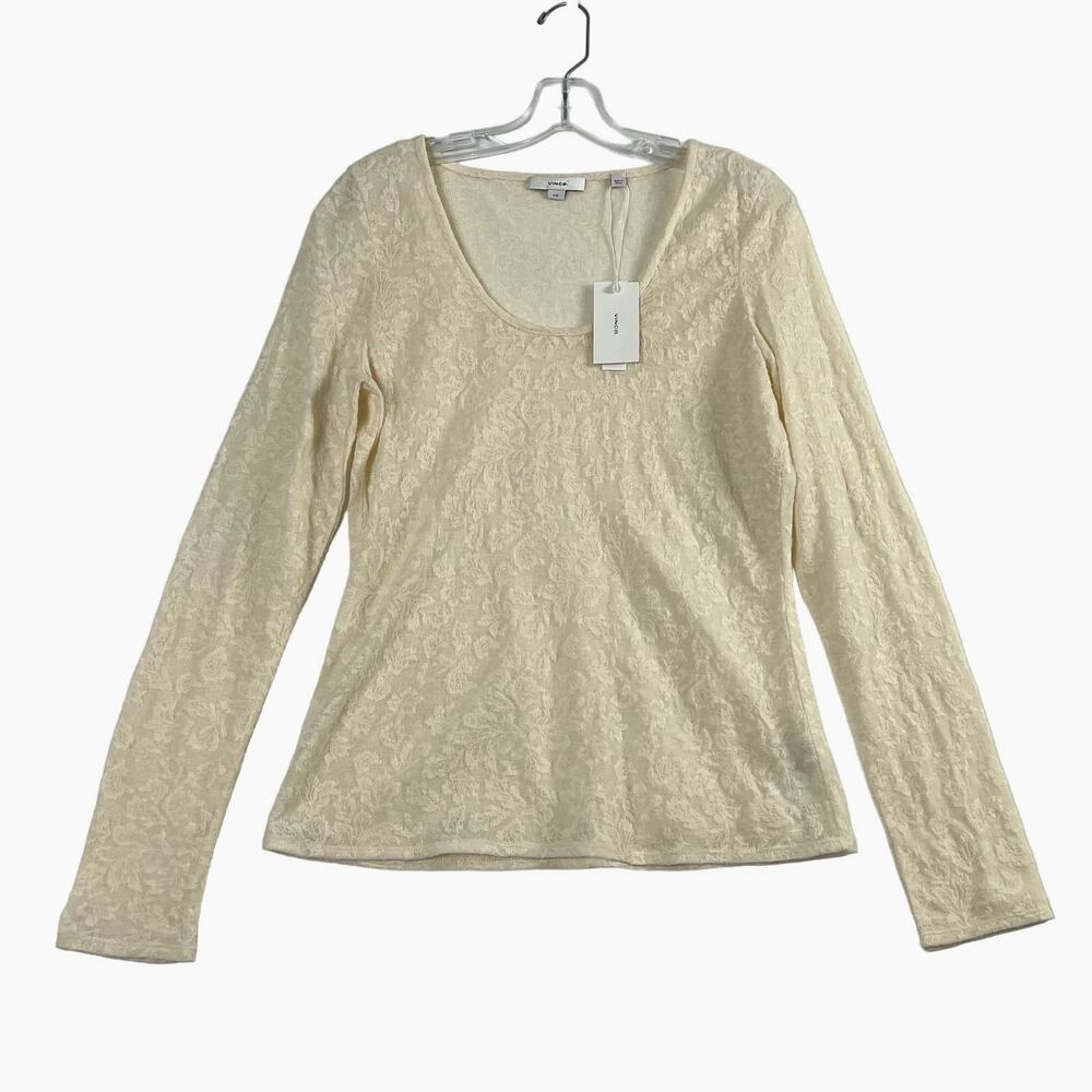 VINCE Leaf Pattern Jacquard Long Sleeve Scoop Neck T Shirt Ivory Womens Large